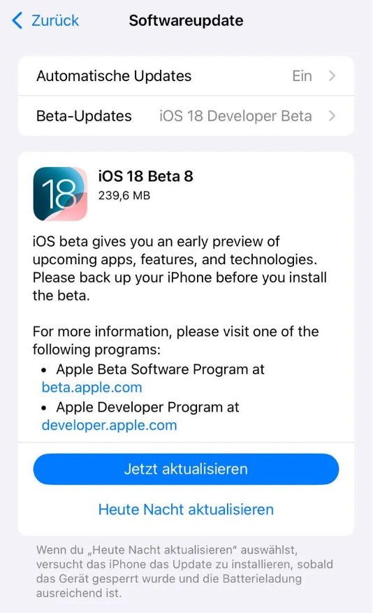 南安苹果手机维修分享苹果 iOS / iPadOS 18 开发者预览版 Beta 8 发布 